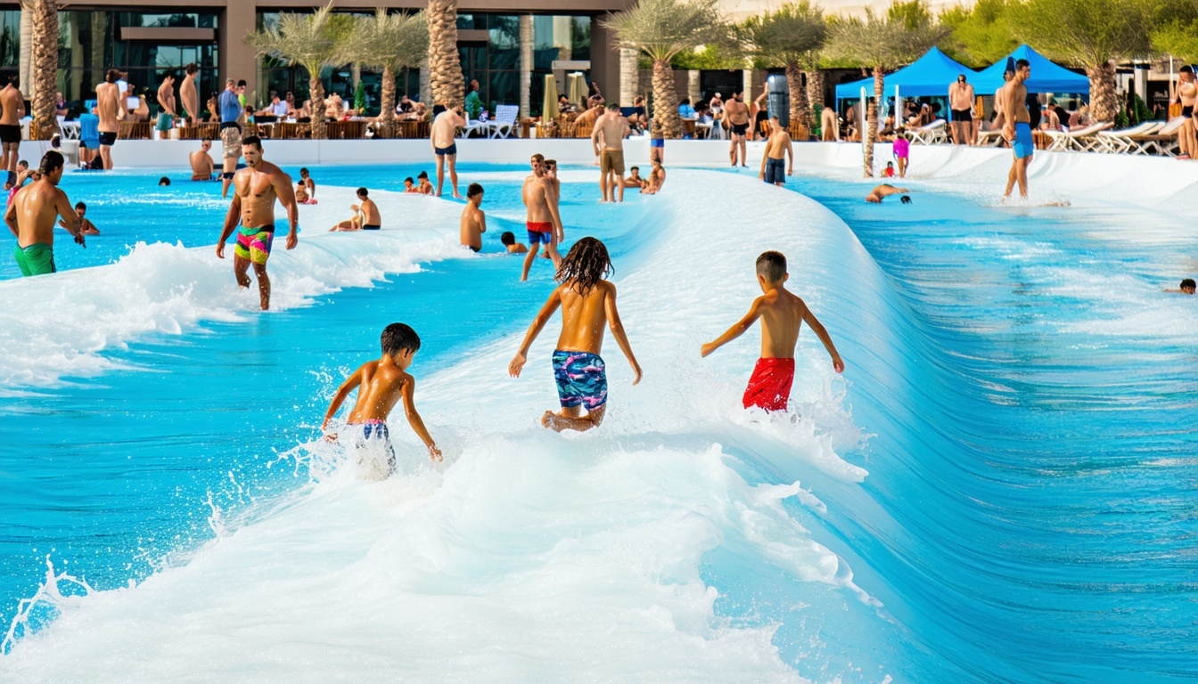 Families enjoying the wave pool in Dubai