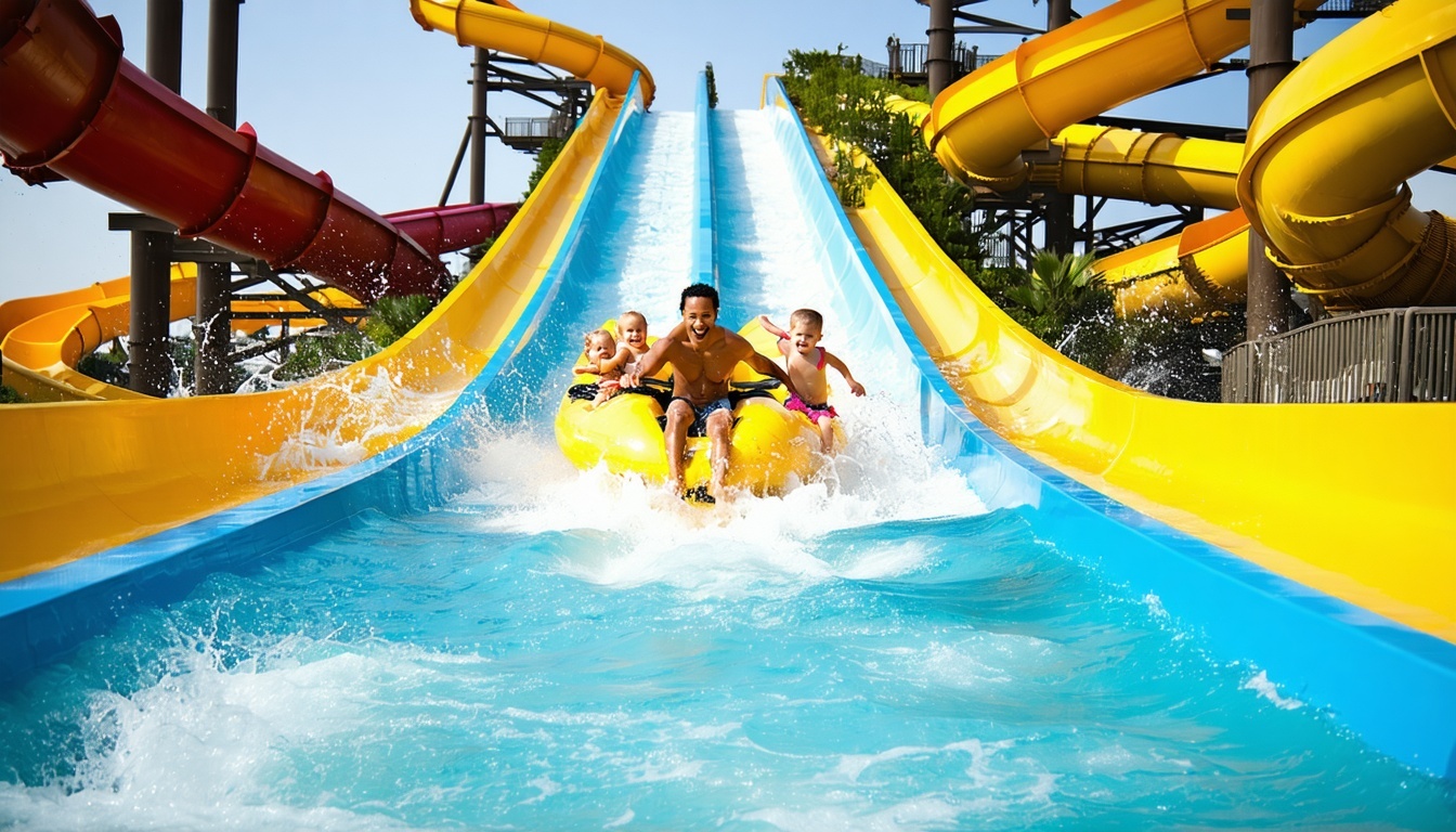 Families enjoying thrilling water slides at Dubai Water Park